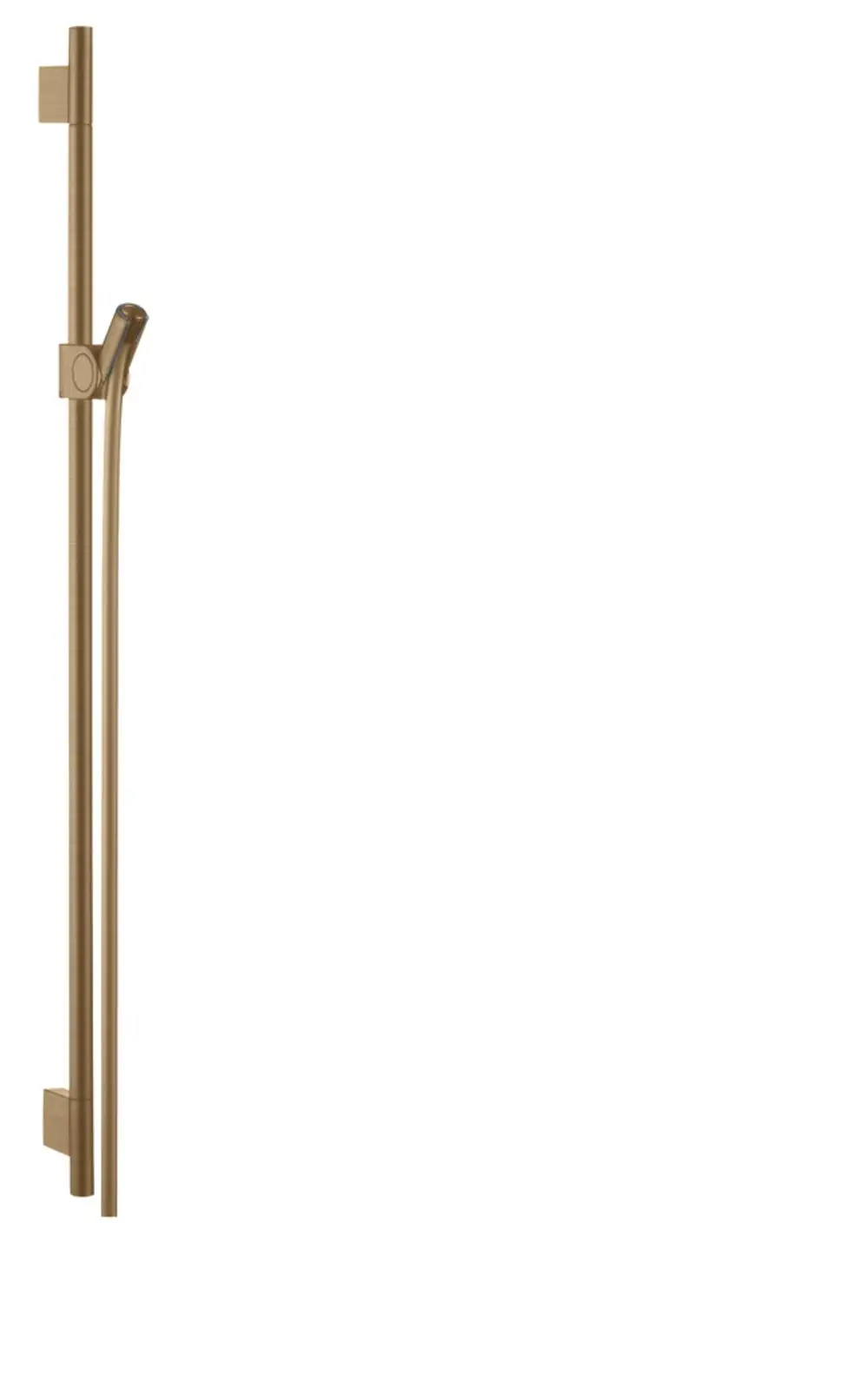 AXOR Brausestange in gebürstetem Bronze-Finish. Vertikal montiert mit einem flexiblen Brauseschlauch. Schlichtes Design für die Badezimmergestaltung.